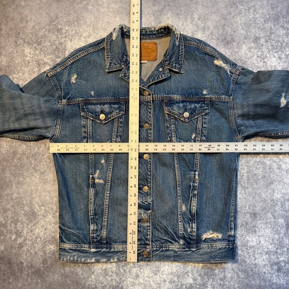 American Eagle Mens Distressed Denim Trucker Jacket Blue Small Oversized Fit - Picture 4 of 5